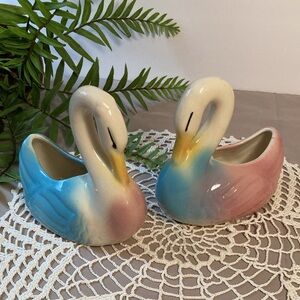Vintage Pastel Shawnee Pottery Swan Planters